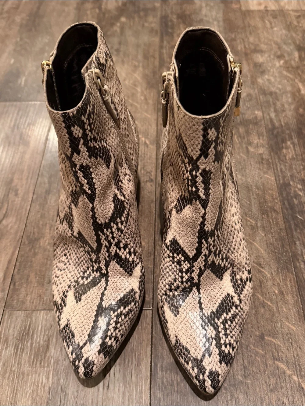 Cole Haan Snake-Print Pointed Ankle Booties in Taupe and Black
